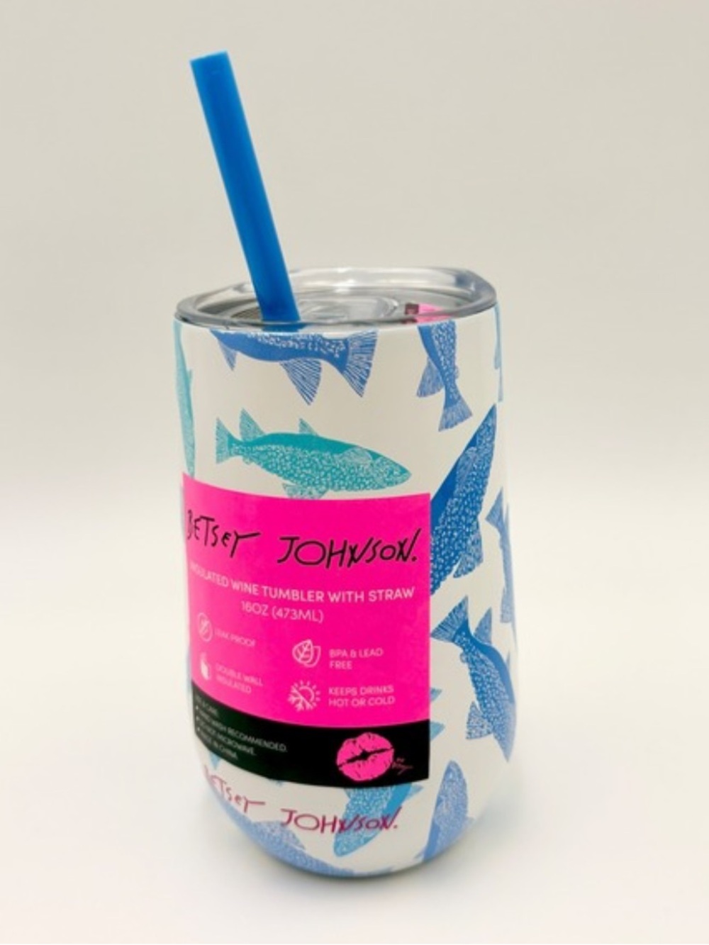 Betsey Johnson Insulated Wine Tumbler 16oz Hot Cold White Blue Fish Kitschy NWT